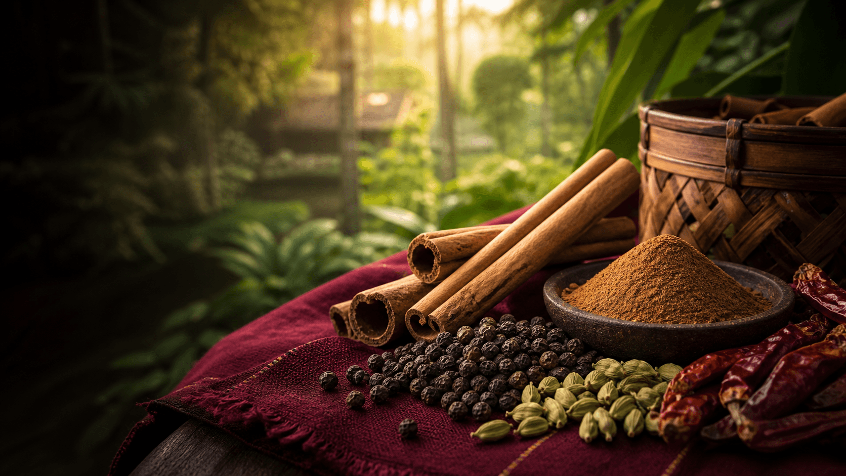 Ceylon cinnamon, pepper and cardamom in a Sri Lankan spice garden